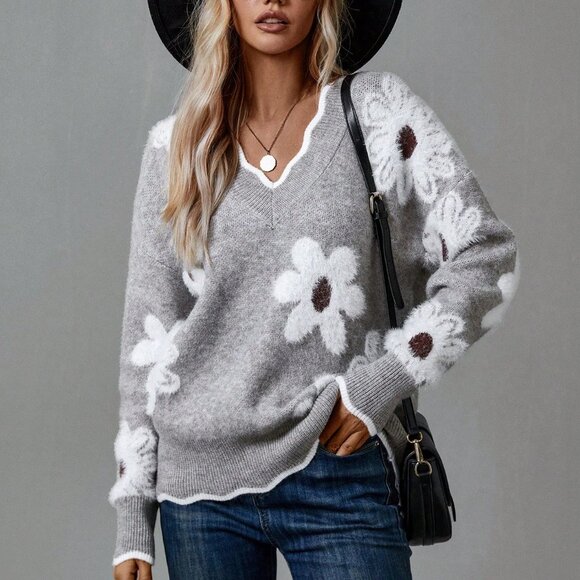 Sweaters - Grey Casual Women's Floral Pattern Easter Family Sweater